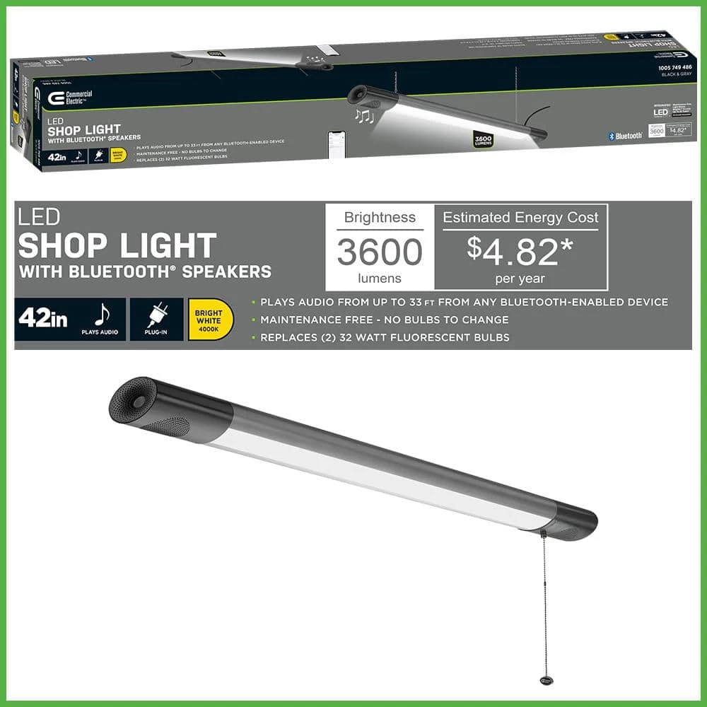 Commercial Electric 42 in. 64-Watt Equivalent Integrated LED Black Brushed Nickel Shop Light Bluetooth Speakers Workbench Garage 3600 Lumens 12 Commercial Electric 42 in. 64-Watt Equivalent Integrated LED Black Brushed Nickel Shop Light Bluetooth Speakers Workbench Garage 3600 Lumens - Image 10