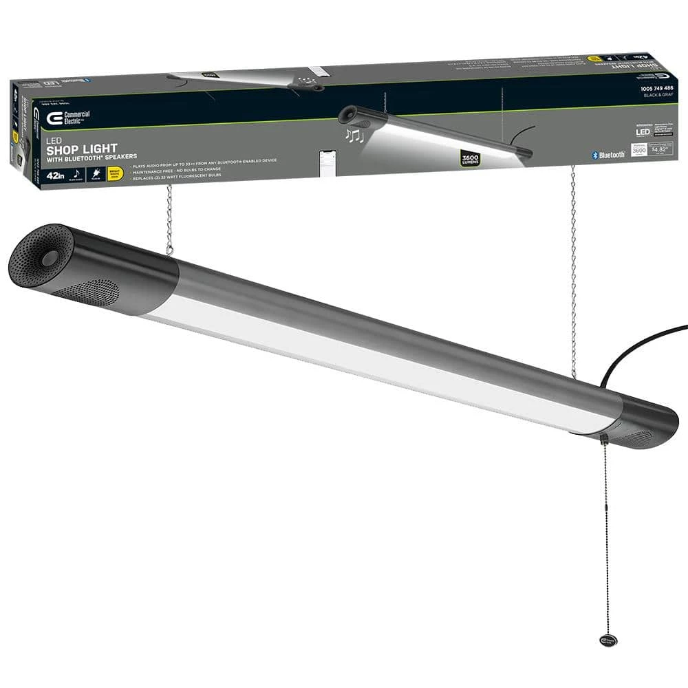 Commercial Electric 42 in. 64-Watt Equivalent Integrated LED Black Brushed Nickel Shop Light Bluetooth Speakers Workbench Garage 3600 Lumens 3 Commercial Electric 42 in. 64-Watt Equivalent Integrated LED Black Brushed Nickel Shop Light Bluetooth Speakers Workbench Garage 3600 Lumens
