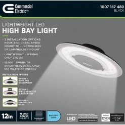 Commercial Electric 12 in. Round 500-Watt Equivalent 12,000 Lumens Ultra Lightweight Black Integrated LED High Bay Light (4-Pack) -Commercial Electric Sales black commercial electric high bay lights 502511610 4pk fa 1000
