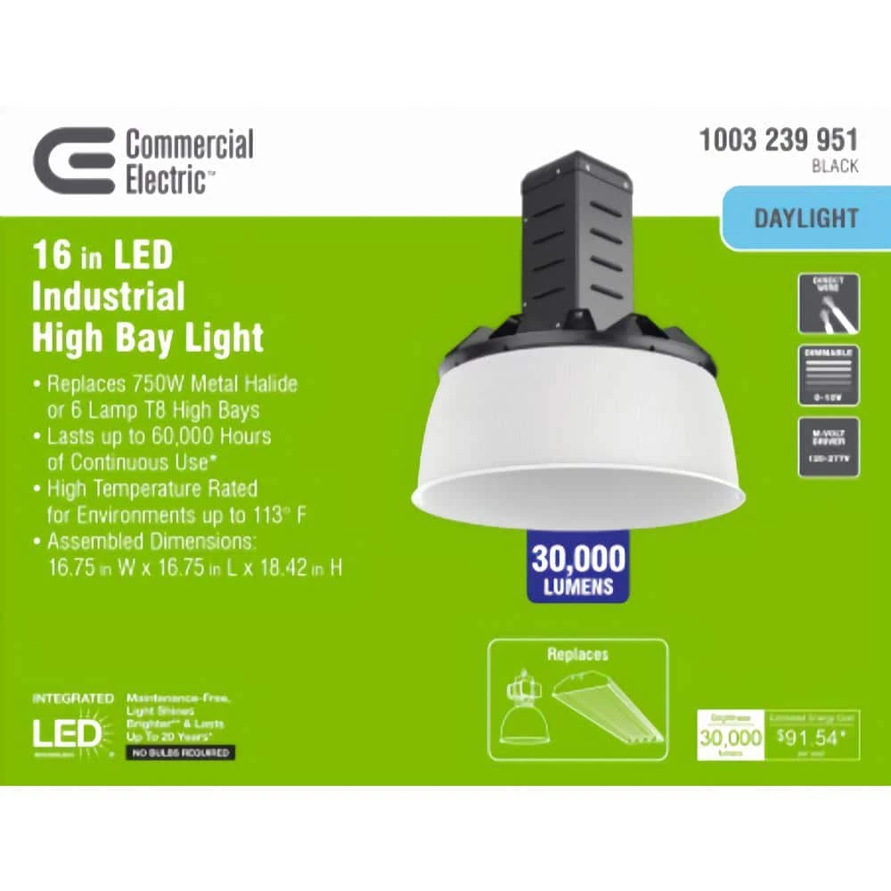 Commercial Electric 16 in. 750-Watt Equivalent Integrated LED Dimmable Black High Bay Light 5000K 5 Commercial Electric 16 in. 750-Watt Equivalent Integrated LED Dimmable Black High Bay Light 5000K - Image 3