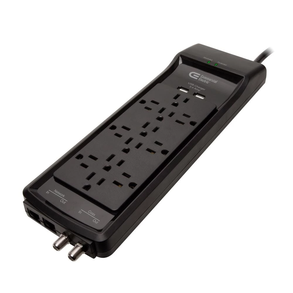 Commercial Electric 6 ft. 12-Outlet Surge Protector with Coax and USB RJ45, Black 4 Commercial Electric 6 ft. 12-Outlet Surge Protector with Coax and USB RJ45, Black - Image 2