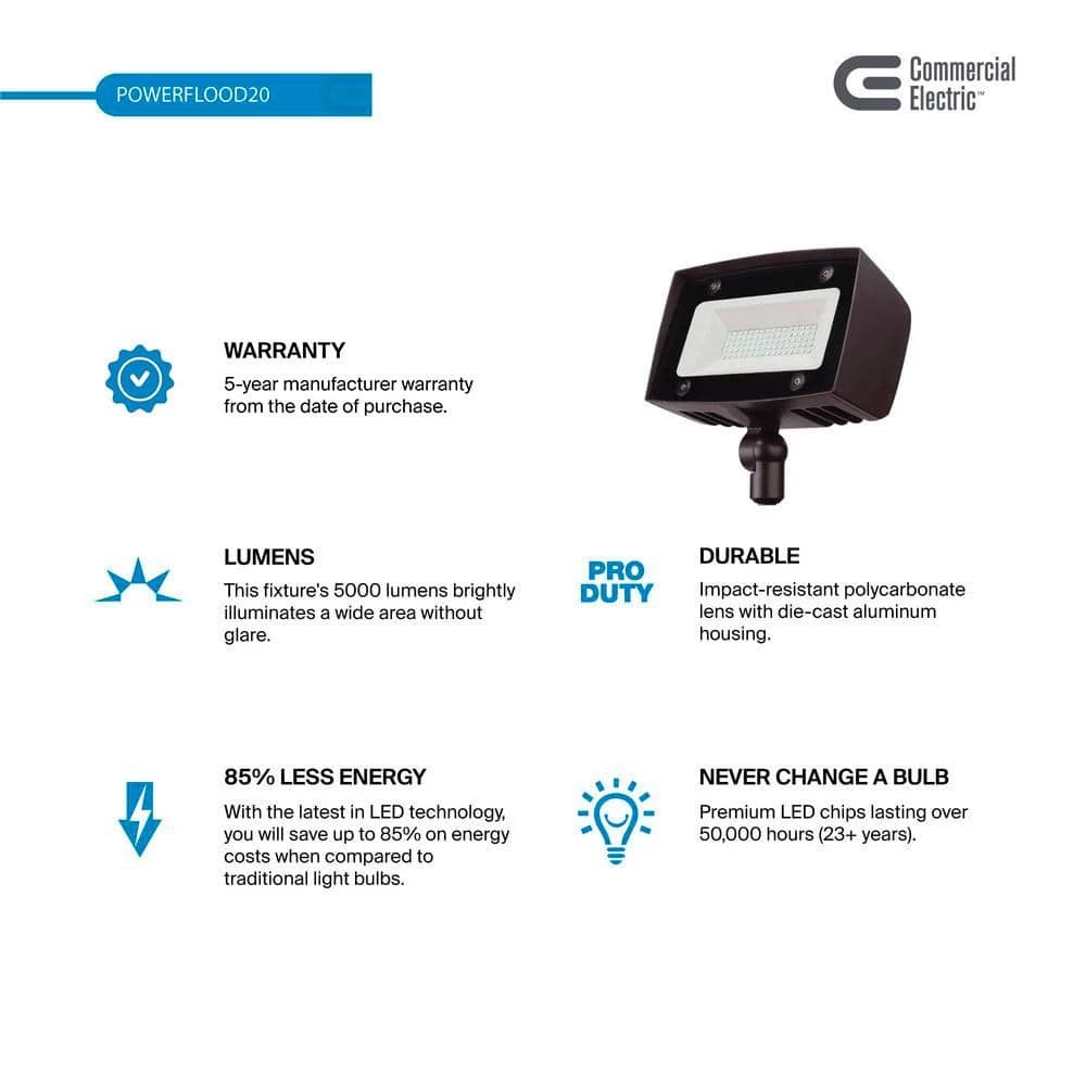 Commercial Electric Architectural 150-Watt Equivalent Integrated Outdoor LED Flood Light, 2000 Lumens, Security Light 4 Commercial Electric Architectural 150-Watt Equivalent Integrated Outdoor LED Flood Light, 2000 Lumens, Security Light - Image 2