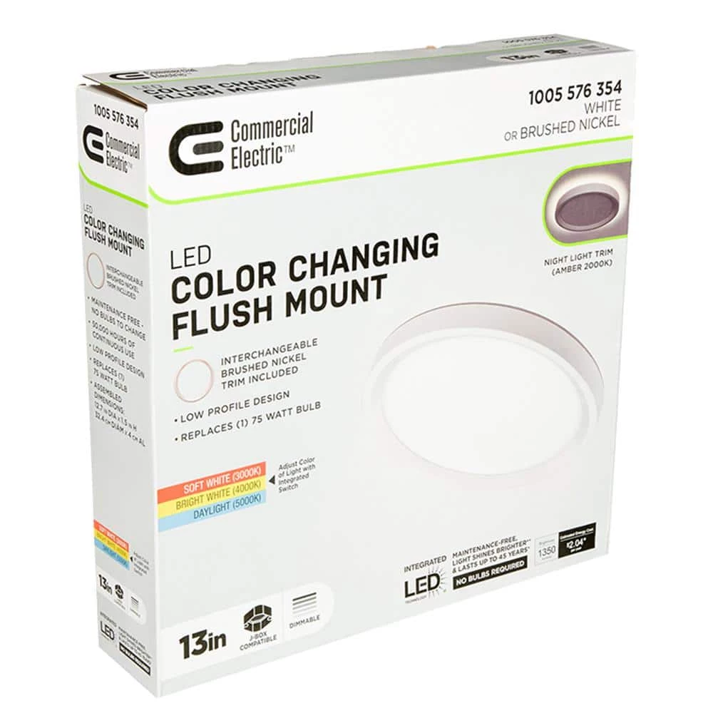 Commercial Electric 13 in. Color Selectable LED Flush Mount Ceiling Light w/ Night Light Optional White and Brushed Nickel Trim Rings 13 Commercial Electric 13 in. Color Selectable LED Flush Mount Ceiling Light w/ Night Light Optional White and Brushed Nickel Trim Rings - Image 11