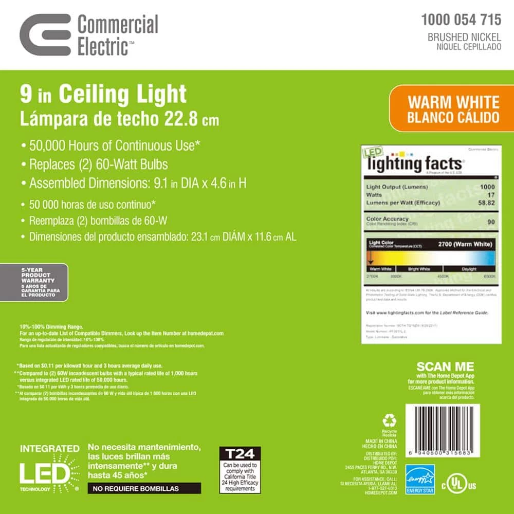 Commercial Electric 9 in. 120-Watt Equivalent Brushed Nickel Integrated LED Mushroom Flush Mount with White Acrylic Shade 12 Commercial Electric 9 in. 120-Watt Equivalent Brushed Nickel Integrated LED Mushroom Flush Mount with White Acrylic Shade - Image 10