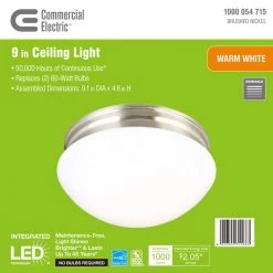 Commercial Electric 9 in. 120-Watt Equivalent Brushed Nickel Integrated LED Mushroom Flush Mount with White Acrylic Shade 22 Commercial Electric 9 in. 120-Watt Equivalent Brushed Nickel Integrated LED Mushroom Flush Mount with White Acrylic Shade -Commercial Electric Sales brushed nickel commercial electric flush mount lights ipf3011l bn 4f 1000