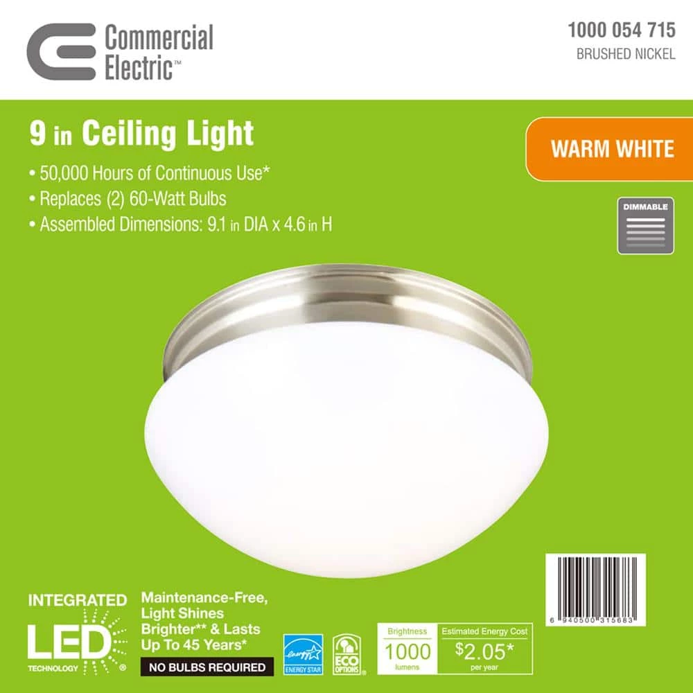 Commercial Electric 9 in. 120-Watt Equivalent Brushed Nickel Integrated LED Mushroom Flush Mount with White Acrylic Shade 11 Commercial Electric 9 in. 120-Watt Equivalent Brushed Nickel Integrated LED Mushroom Flush Mount with White Acrylic Shade - Image 9