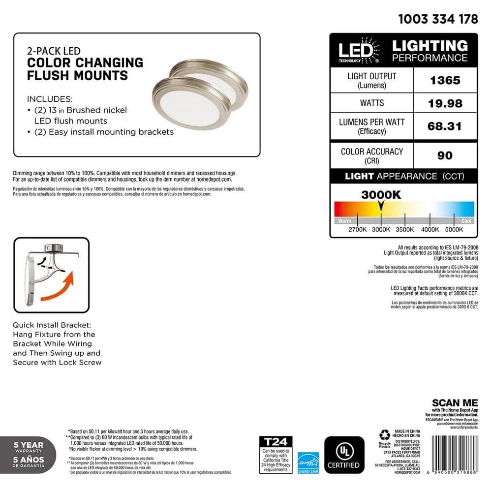 Commercial Electric 13 in. Brushed Nickel Selectable CCT Color Changing LED Round Ceiling Flush Mount Light Fixture (2-Pack) 12 Commercial Electric 13 in. Brushed Nickel Selectable CCT Color Changing LED Round Ceiling Flush Mount Light Fixture (2-Pack) - Image 10