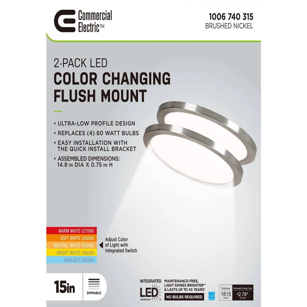 Commercial Electric 15 in. Brushed Nickel New Ultra-Low Profile Integrated LED Flush Mount 5CCT (2-Pack) 11 Commercial Electric 15 in. Brushed Nickel New Ultra-Low Profile Integrated LED Flush Mount 5CCT (2-Pack) - Image 9