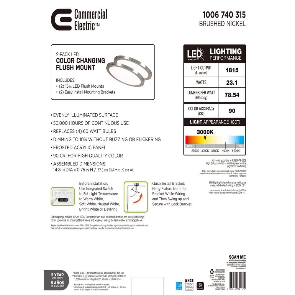 Commercial Electric 15 in. Brushed Nickel New Ultra-Low Profile Integrated LED Flush Mount 5CCT (2-Pack) 12 Commercial Electric 15 in. Brushed Nickel New Ultra-Low Profile Integrated LED Flush Mount 5CCT (2-Pack) - Image 10