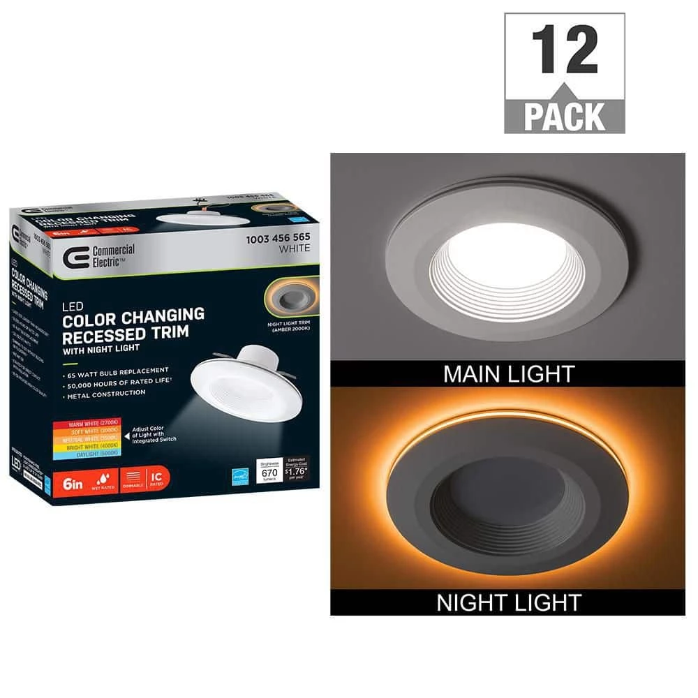Commercial Electric 6 in. Color Selectable CCT Integrated LED Recessed Light Trim with Night Light Feature Downlight 670 Lumens (12-Pack) 3 Commercial Electric 6 in. Color Selectable CCT Integrated LED Recessed Light Trim with Night Light Feature Downlight 670 Lumens (12-Pack)