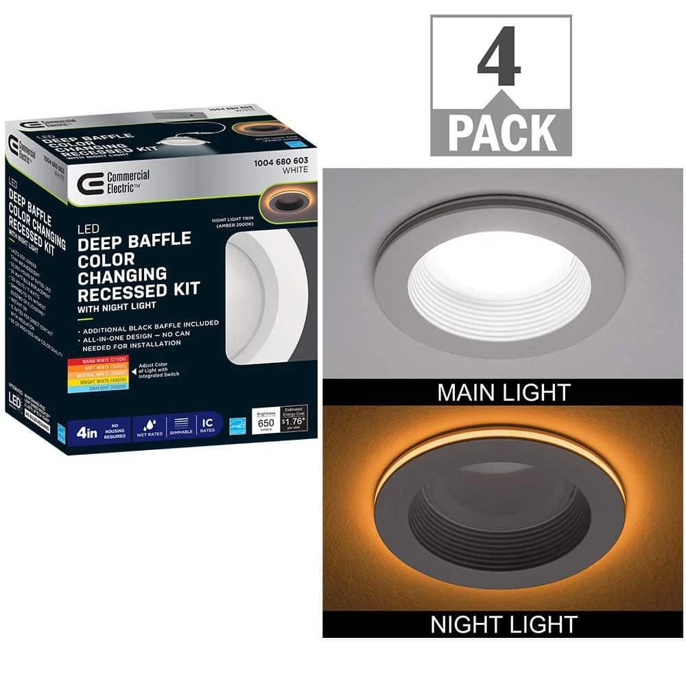 Commercial Electric 4 in. Canless Color Selectable Integrated LED Recessed Light Trim w/ Night Light Reduces Eye Glare 650 Lumens (4-Pack) 3 Commercial Electric 4 in. Canless Color Selectable Integrated LED Recessed Light Trim w/ Night Light Reduces Eye Glare 650 Lumens (4-Pack)