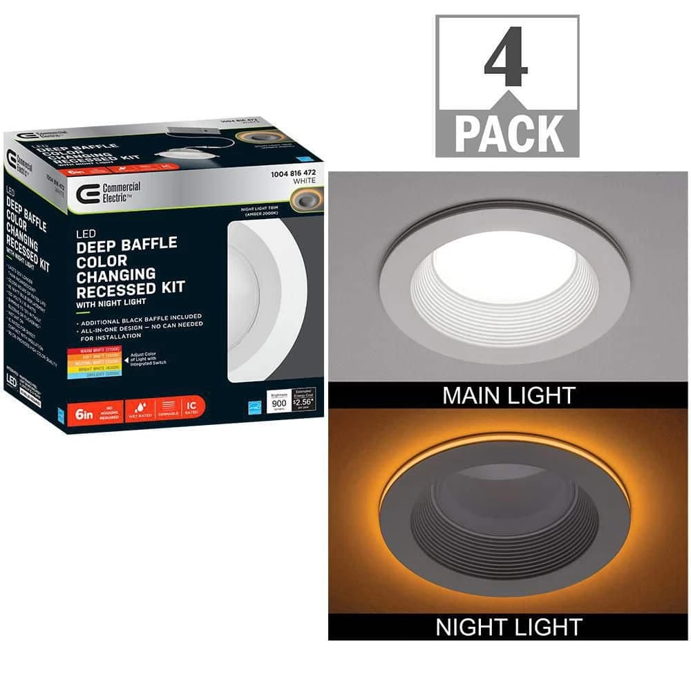 Commercial Electric 6 in. Canless Color Selectable Integrated LED Recessed Light Trim w/ Night Light Reduces Eye Glare 900 Lumens (4-Pack) 3 Commercial Electric 6 in. Canless Color Selectable Integrated LED Recessed Light Trim w/ Night Light Reduces Eye Glare 900 Lumens (4-Pack)