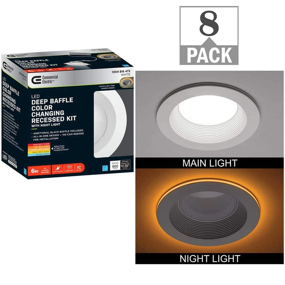 Commercial Electric 6 in. Canless Color Selectable Integrated LED Recessed Light Trim w/ Night Light Reduces Eye Glare 900 Lumens (8-Pack) 3 Commercial Electric 6 in. Canless Color Selectable Integrated LED Recessed Light Trim w/ Night Light Reduces Eye Glare 900 Lumens (8-Pack)