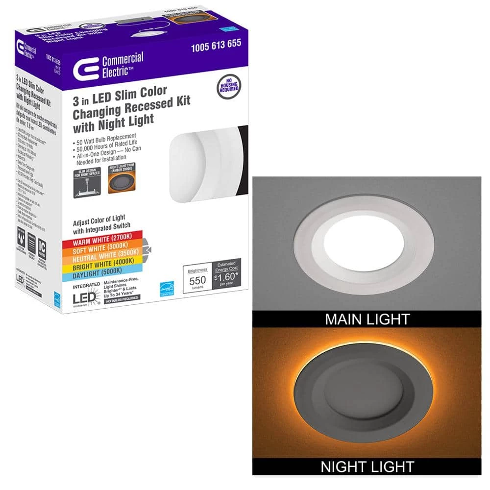 Commercial Electric Ultra Slim 3 in. Canless Selectable CCT Integrated LED Recessed Light Trim with Night Light Feature 550 Lumens 3 Commercial Electric Ultra Slim 3 in. Canless Selectable CCT Integrated LED Recessed Light Trim with Night Light Feature 550 Lumens