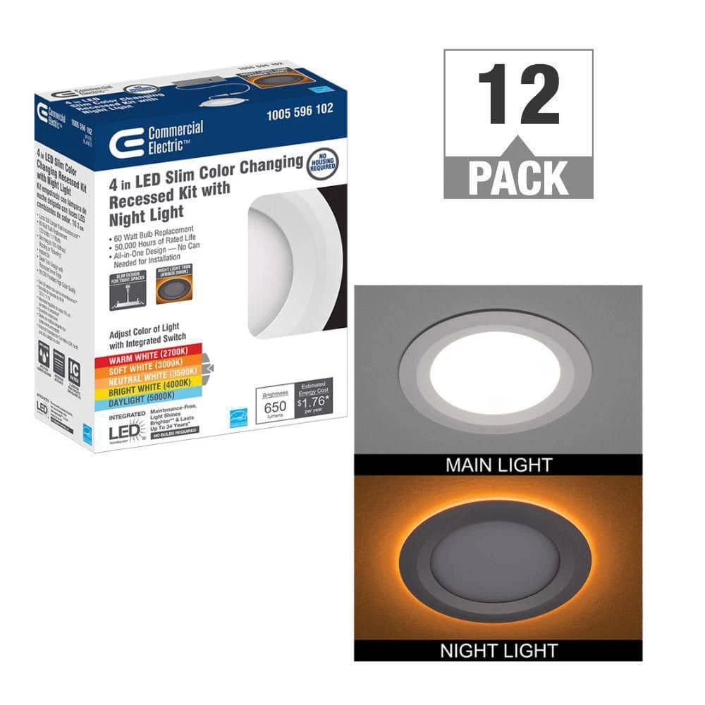 Commercial Electric Ultra Slim 4 in. Color Selectable CCT Canless Integrated LED Recessed Light Trim with Night Light Feature (12-Pack) 3 Commercial Electric Ultra Slim 4 in. Color Selectable CCT Canless Integrated LED Recessed Light Trim with Night Light Feature (12-Pack)