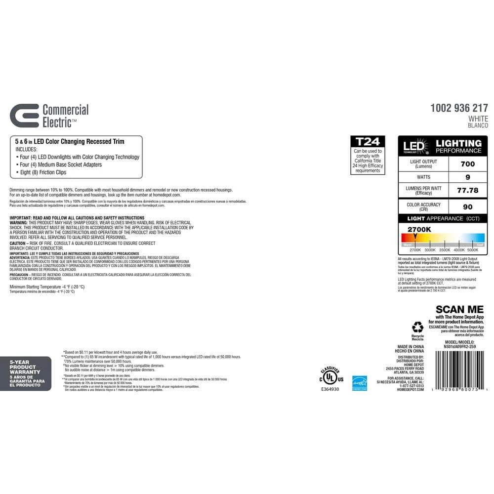 Commercial Electric 5/6 in. Color Temperature Selectable Integrated LED Recessed Trim (4-Pack) 7 Commercial Electric 5/6 in. Color Temperature Selectable Integrated LED Recessed Trim (4-Pack) - Image 5