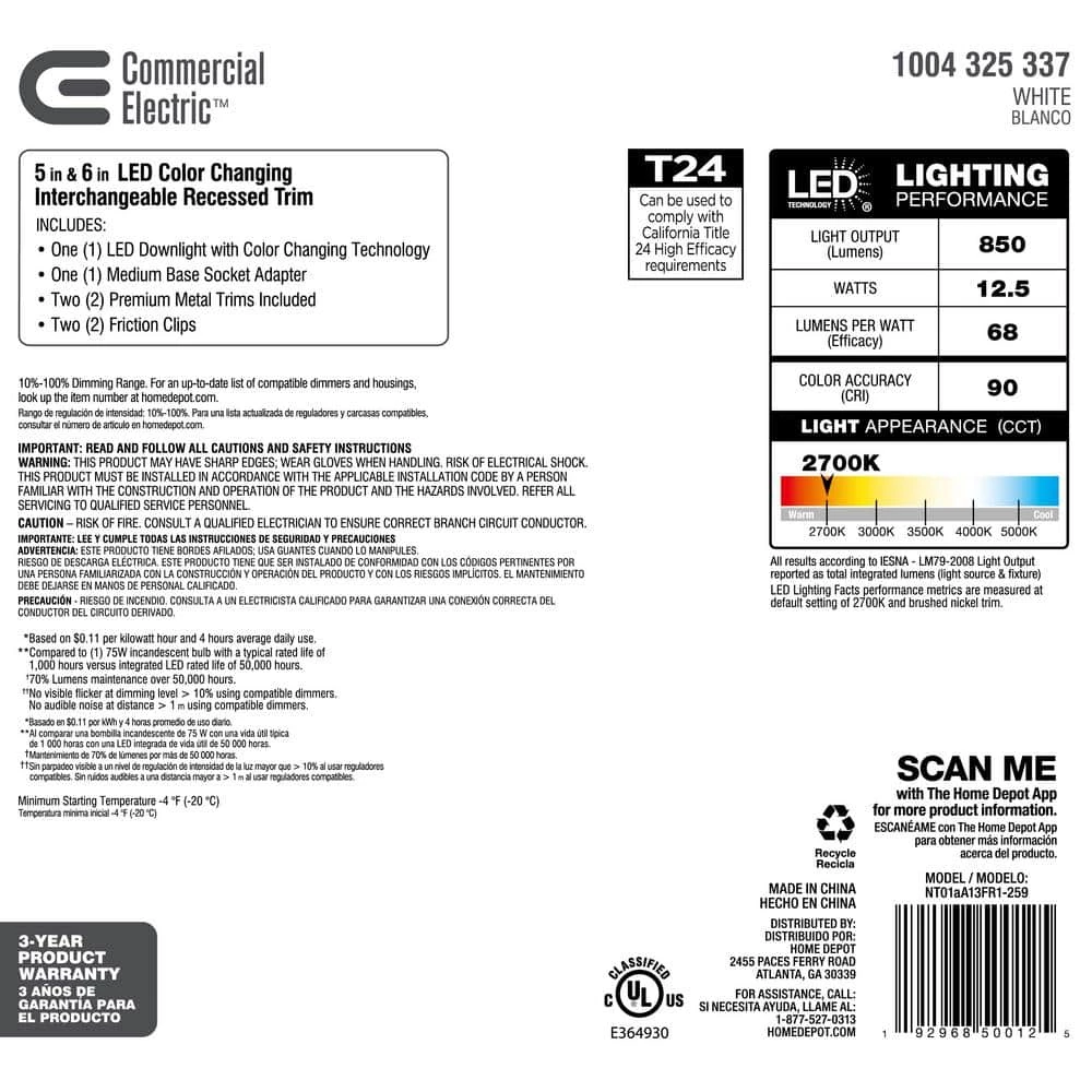 Commercial Electric 5/6 in. New Construction or Remodel Dimmable LED Recessed Interchangeable Trim with Adjustable Color Changing Technology 5 Commercial Electric 5/6 in. New Construction or Remodel Dimmable LED Recessed Interchangeable Trim with Adjustable Color Changing Technology - Image 3