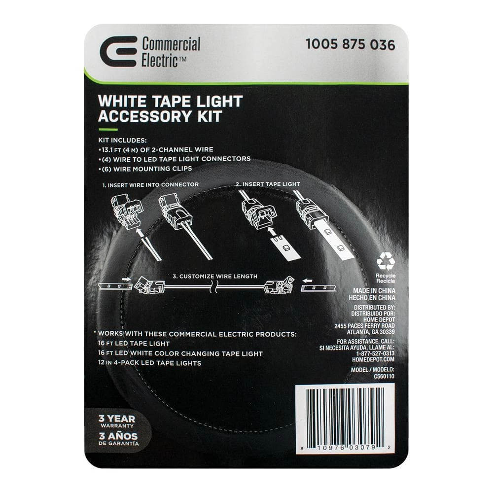 Commercial Electric 13 ft. White Connector Cord LED Strip Light Accessory Pack (4 Wire-to-Tape Connectors, 6 Wire Mounting Clips) 7 Commercial Electric 13 ft. White Connector Cord LED Strip Light Accessory Pack (4 Wire-to-Tape Connectors, 6 Wire Mounting Clips) - Image 5