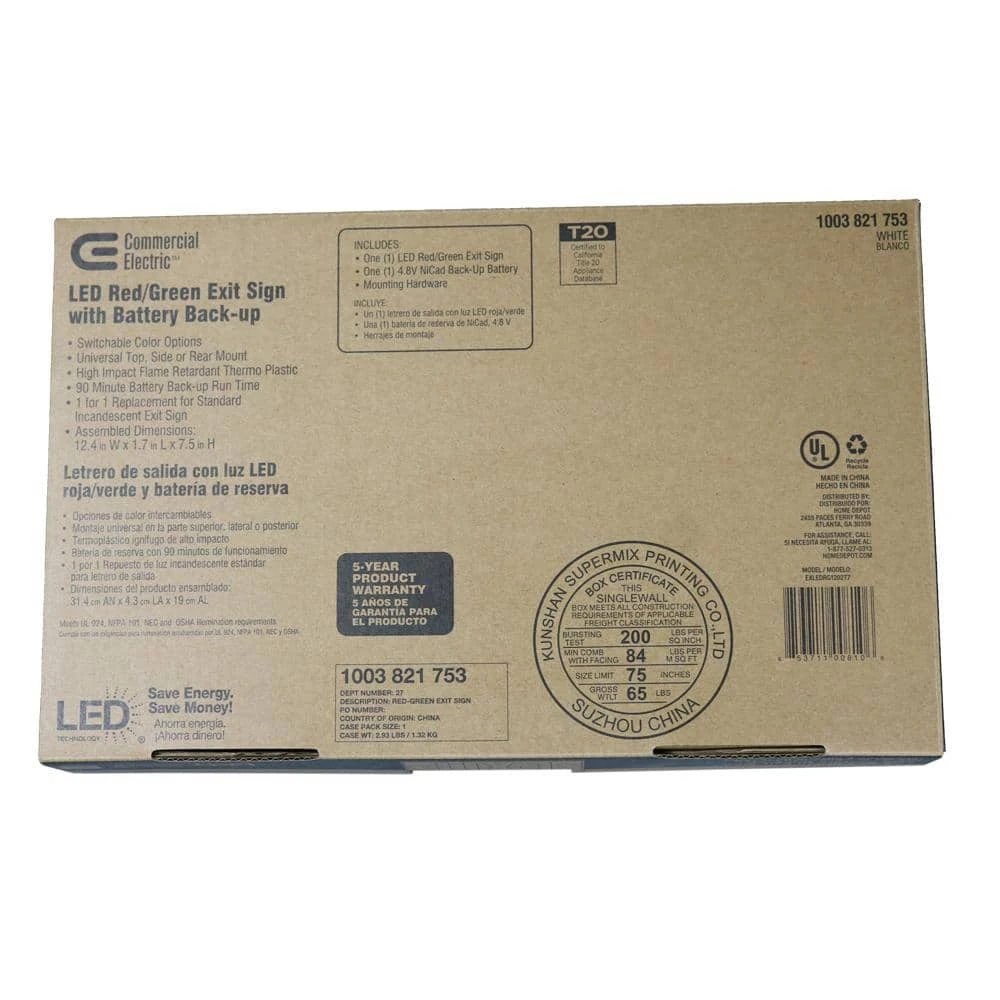 Commercial Electric 14-Watt Equivalent Integrated LED White Exit Sign with Ni-Cad 4.8-Volt Battery 9 Commercial Electric 14-Watt Equivalent Integrated LED White Exit Sign with Ni-Cad 4.8-Volt Battery - Image 7