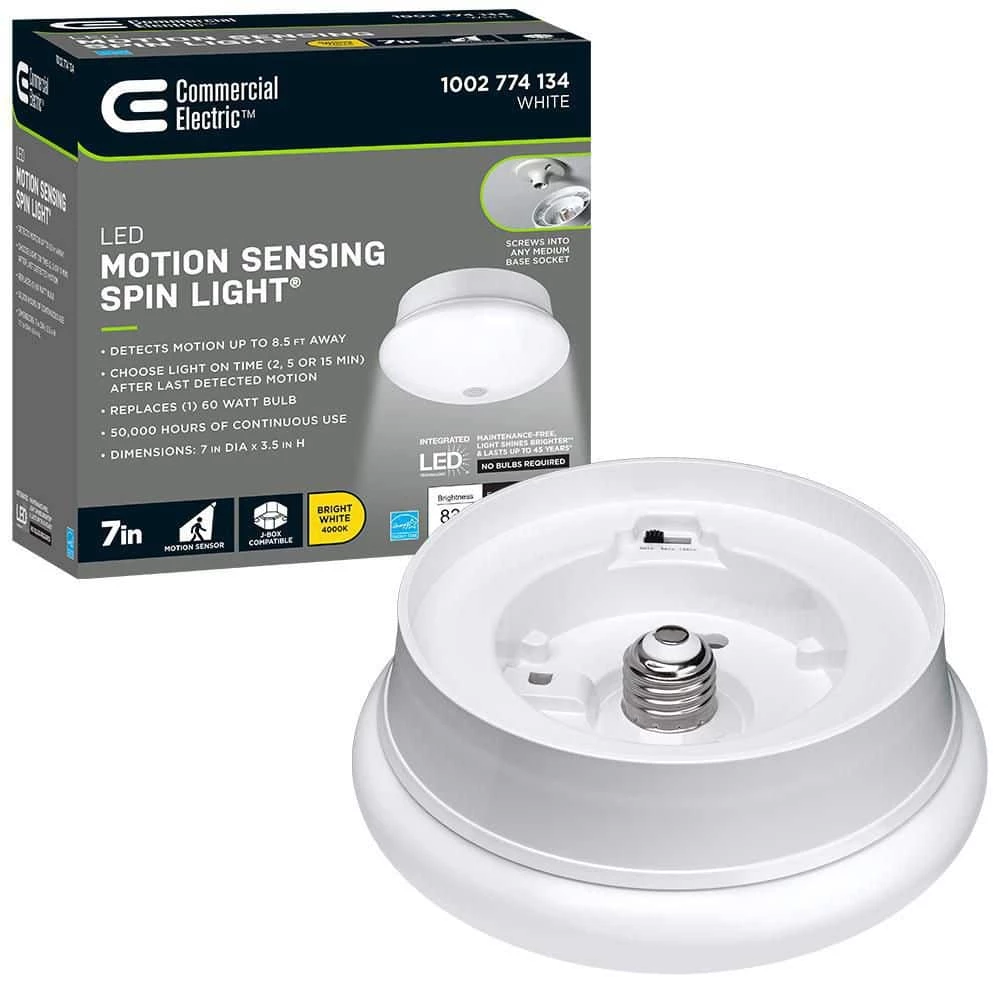 Commercial Electric Spin Light 7 in. Motion Sensor LED Flush Mount Ceiling Light Customize Hold Times Closet Rated 830 Lumens 4000K 3 Commercial Electric Spin Light 7 in. Motion Sensor LED Flush Mount Ceiling Light Customize Hold Times Closet Rated 830 Lumens 4000K