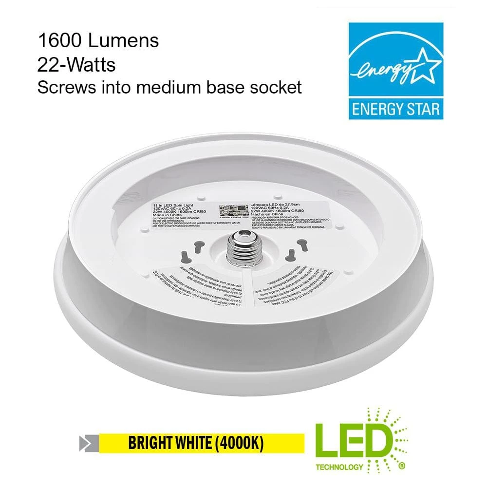 Commercial Electric Spin Light 11 in. LED Flush Mount Ceiling Light High Output 1600 Lumens 22-Watt 4000K Bright White No Bulbs 4 Commercial Electric Spin Light 11 in. LED Flush Mount Ceiling Light High Output 1600 Lumens 22-Watt 4000K Bright White No Bulbs - Image 2