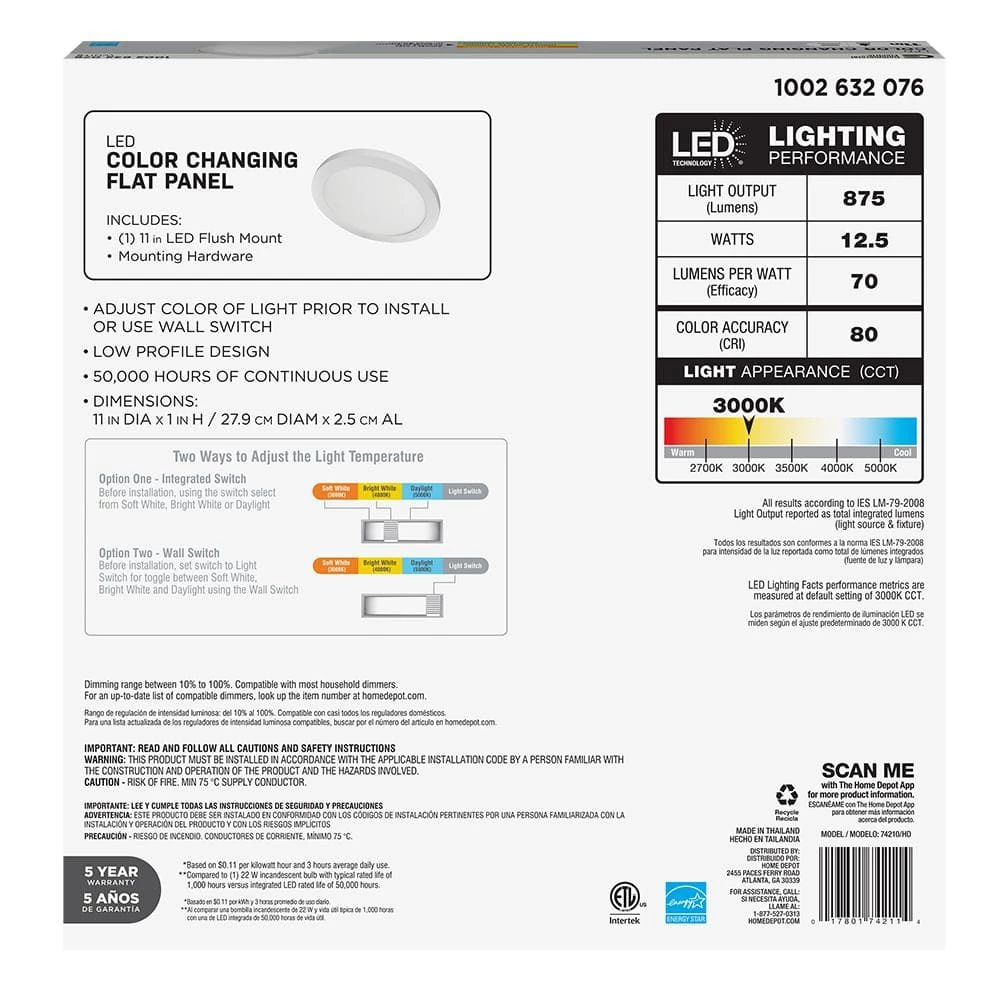 Commercial Electric 11 in. 12.5-Watt Dimmable White Integrated LED Edge-Lit Round Flat Panel Flush Mount Ceiling Light Color Changing 7 Commercial Electric 11 in. 12.5-Watt Dimmable White Integrated LED Edge-Lit Round Flat Panel Flush Mount Ceiling Light Color Changing - Image 5