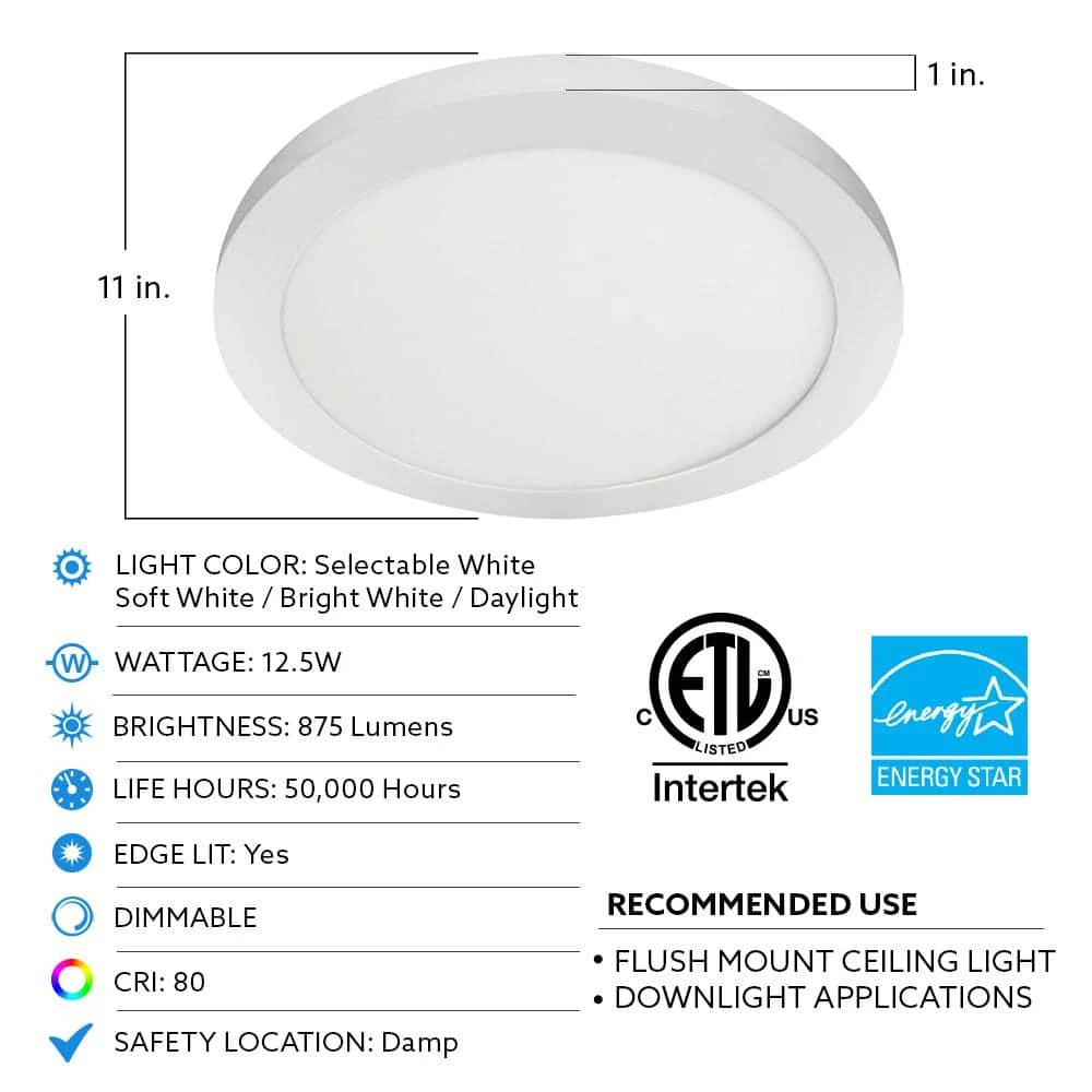 Commercial Electric 11 in. 12.5-Watt Dimmable White Integrated LED Edge-Lit Round Flat Panel Flush Mount Ceiling Light Color Changing 4 Commercial Electric 11 in. 12.5-Watt Dimmable White Integrated LED Edge-Lit Round Flat Panel Flush Mount Ceiling Light Color Changing - Image 2