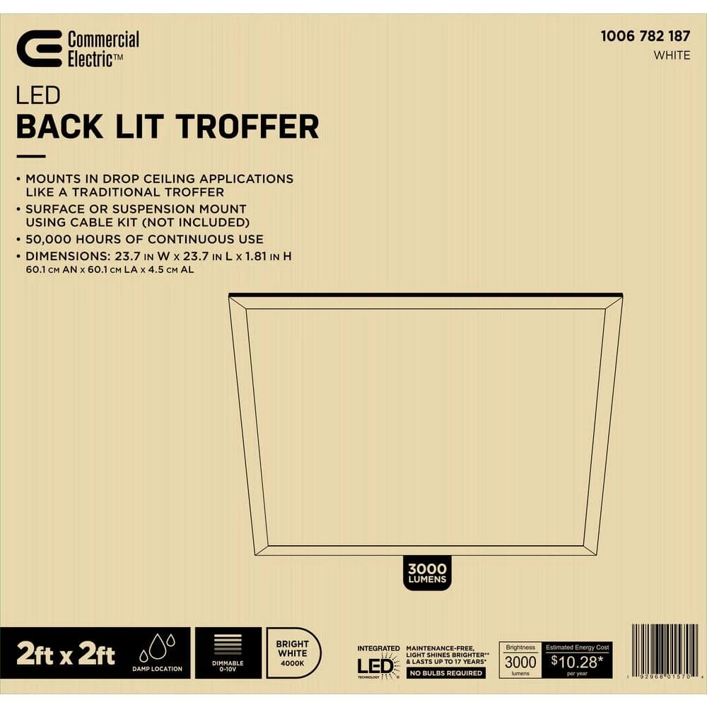 Commercial Electric 2 ft. x 2 ft. 48-Watt Equivalent 3000 Lumens Integrated LED White Panel, 4000K 5 Commercial Electric 2 ft. x 2 ft. 48-Watt Equivalent 3000 Lumens Integrated LED White Panel, 4000K - Image 3