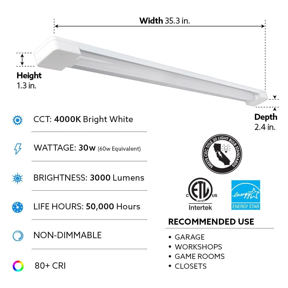 Commercial Electric 3 ft. 1-Light 30-Watt Integrated LED White Utility Shop Light with Power Cord 5 Commercial Electric 3 ft. 1-Light 30-Watt Integrated LED White Utility Shop Light with Power Cord - Image 3