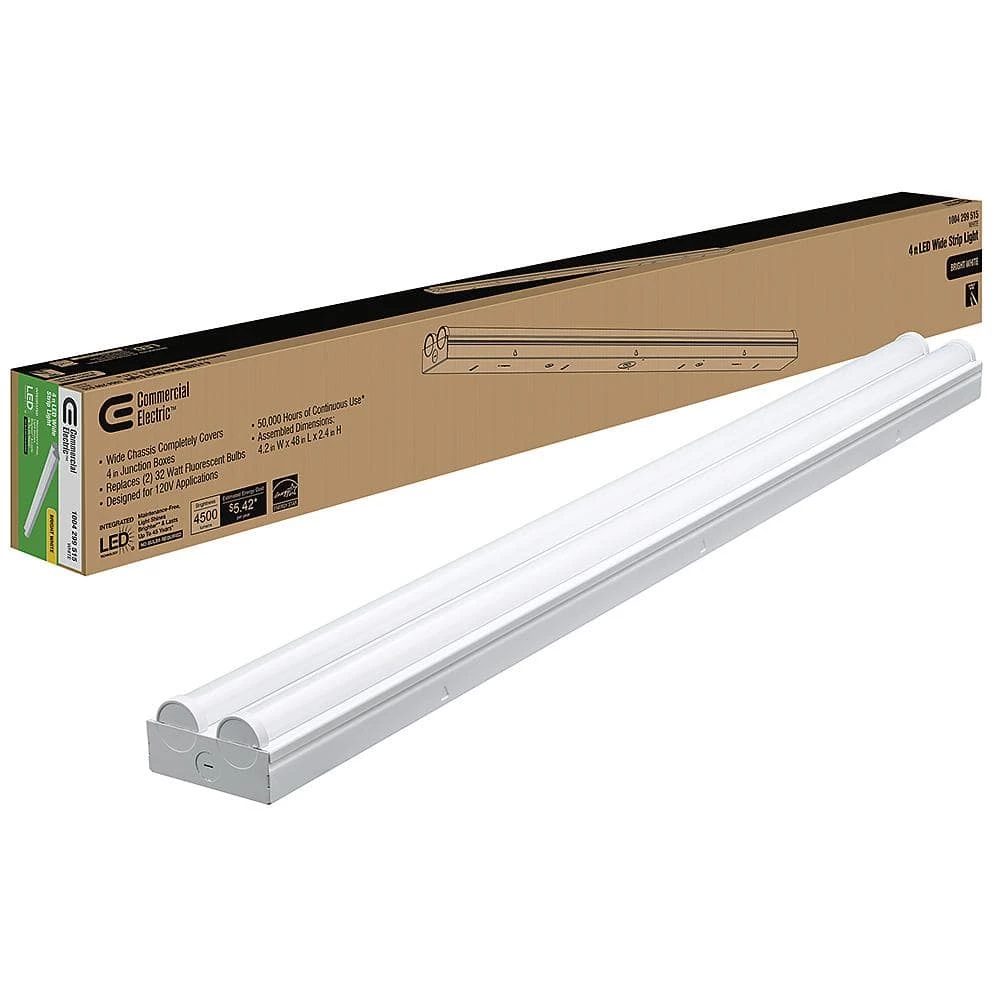 Commercial Electric 4 ft. 225-Watt Equivalent Integrated LED White Strip Light Fixture 4000K Bright White High Output 4500 Lumens 3 Commercial Electric 4 ft. 225-Watt Equivalent Integrated LED White Strip Light Fixture 4000K Bright White High Output 4500 Lumens