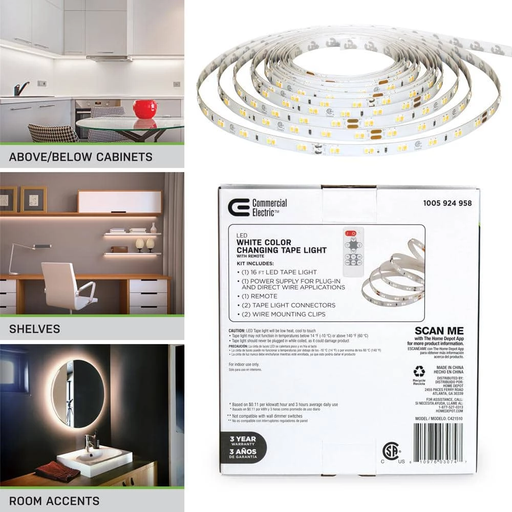 Commercial Electric 16 ft. LED Tunable White Tape Light Kit- Under Cabinet Light 7 Commercial Electric 16 ft. LED Tunable White Tape Light Kit- Under Cabinet Light - Image 5