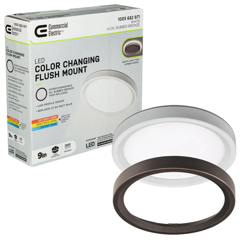 Commercial Electric 9 inch Color Selectable LED Flush Mount w/ Night Light Feature Optional White and Oil Rubbed Bronze Trim Rings 3 Commercial Electric 9 inch Color Selectable LED Flush Mount w/ Night Light Feature Optional White and Oil Rubbed Bronze Trim Rings